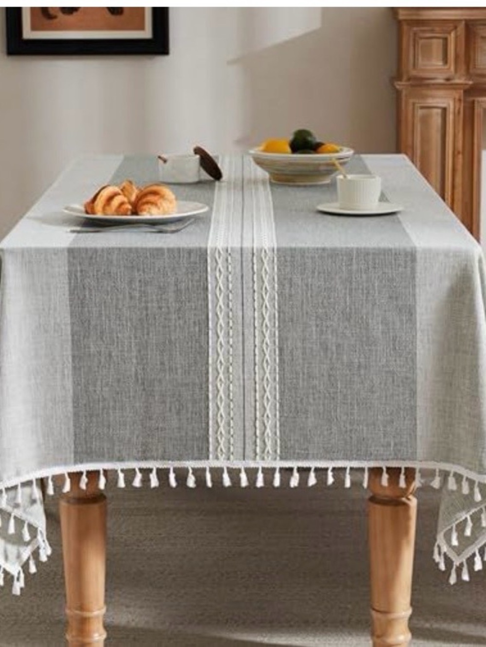 Gray Tassel-Trim Tablecloth with Center Lace Stripe